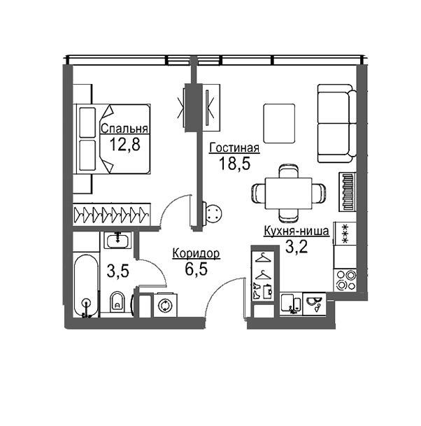 Продаётся 1-комнатная квартира, 44.5 м²