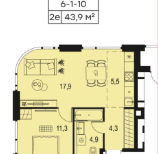 Продаётся 2-комнатная квартира, 43.9 м²