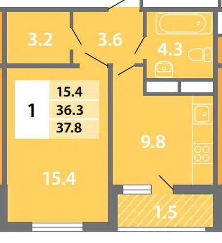 Продаётся 1-комнатная квартира, 36.3 м²