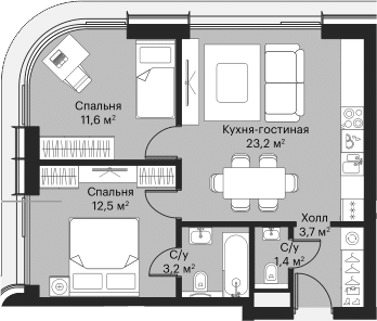 Продаётся 2-комнатная квартира, 55.5 м²