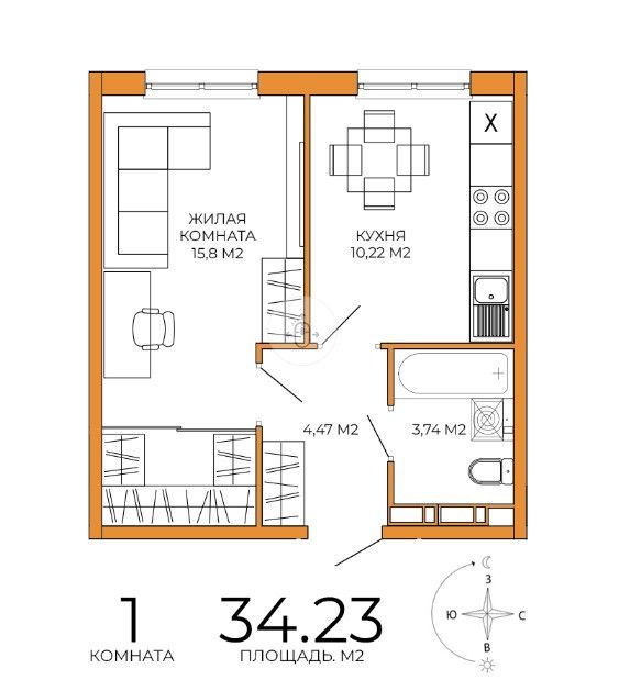 Продаётся 1-комнатная квартира, 34.23 м²