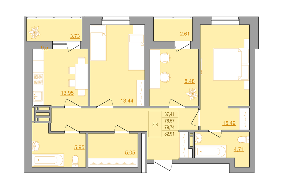 Продаётся 3-комнатная квартира, 84.4 м²