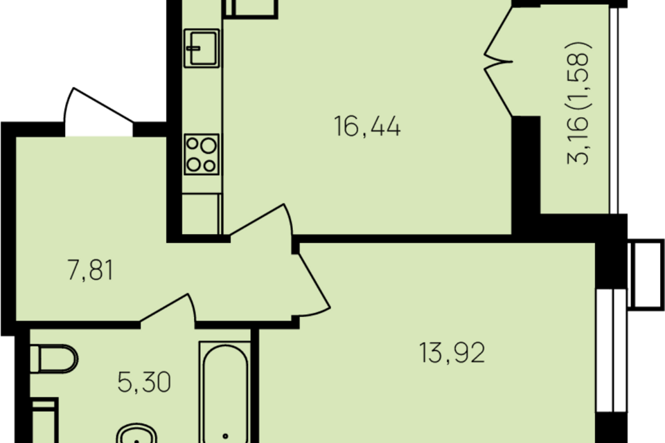 Продаётся 1-комнатная квартира, 46.7 м²