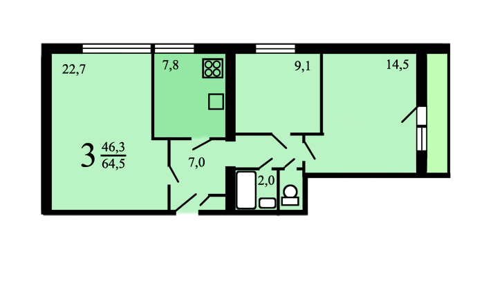 Продаётся 3-комнатная квартира, 64.5 м²
