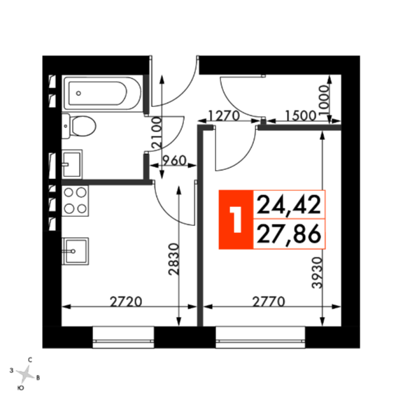 Продаётся 1-комнатная квартира, 28 м²