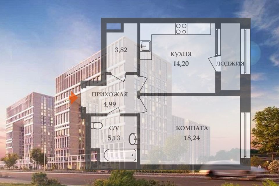 Продаётся 1-комнатная квартира, 46.4 м²