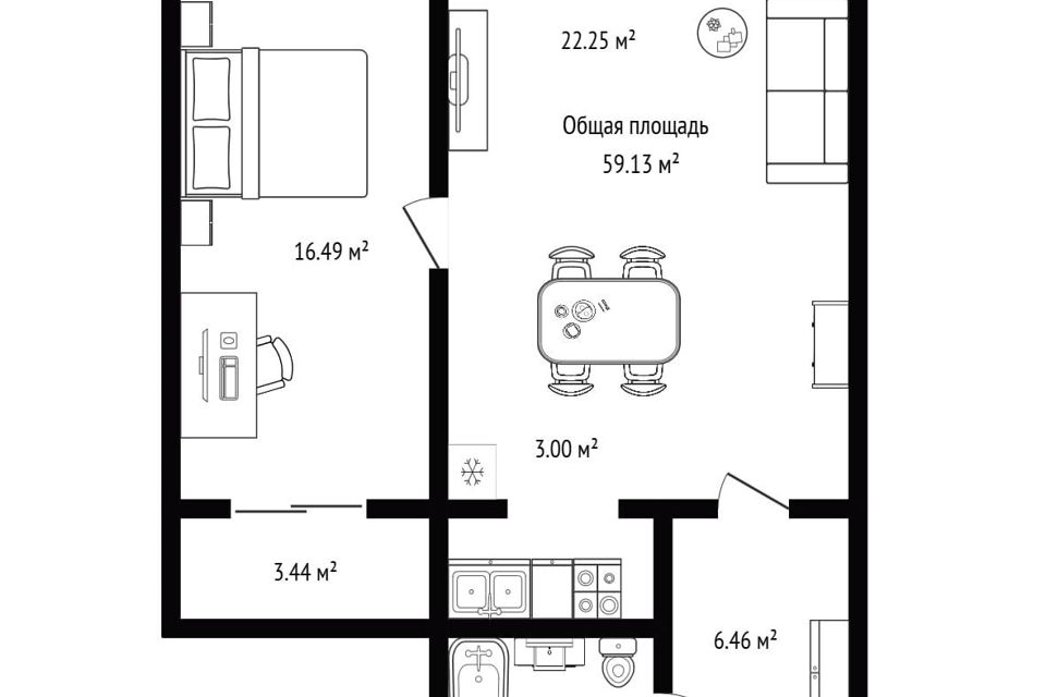Продаётся 1-комнатная квартира, 59.13 м²