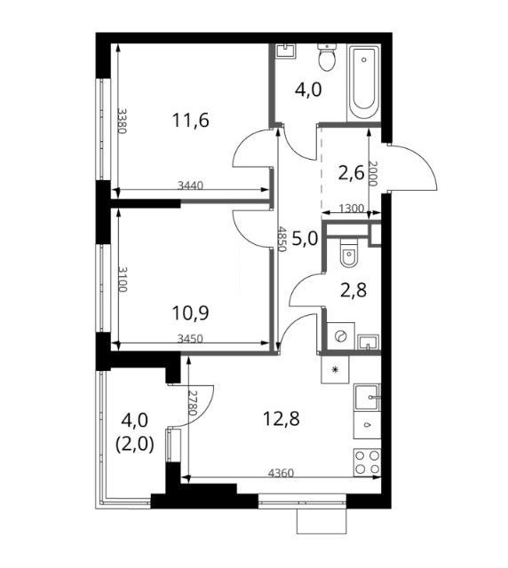 Продаётся 2-комнатная квартира, 51.7 м²