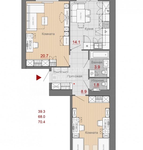Продаётся 2-комнатная квартира, 67.7 м²