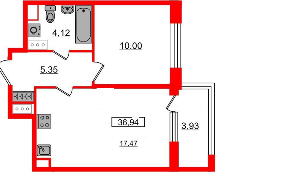 Продаётся 1-комнатная квартира, 36.94 м²