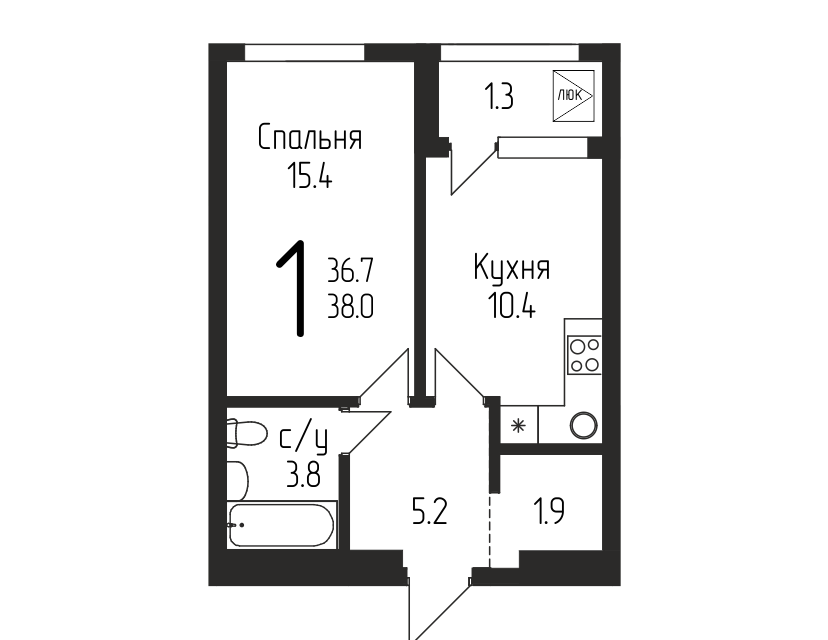 Продаётся 1-комнатная квартира, 38 м²