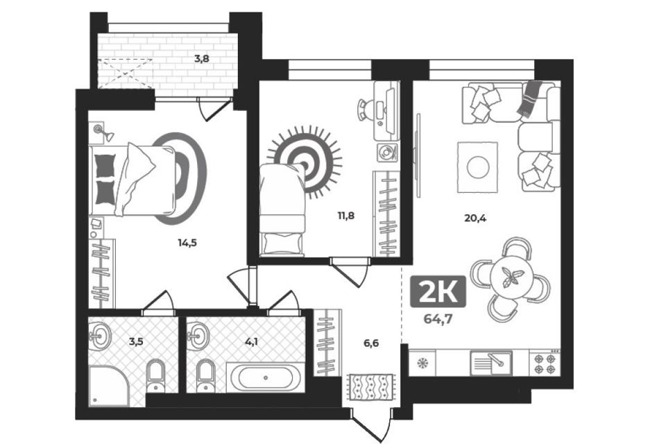 Продаётся 2-комнатная квартира, 64.7 м²