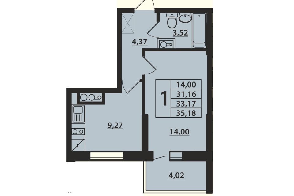 Продаётся 1-комнатная квартира, 33.4 м²