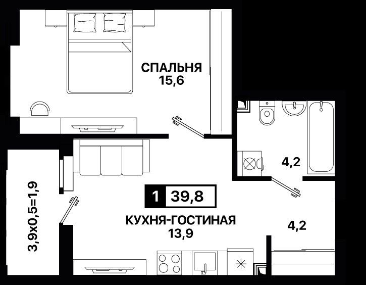 Продаётся 1-комнатная квартира, 40 м²