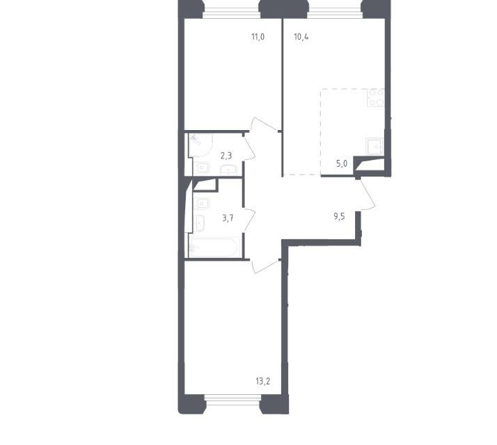 Продаётся 2-комнатная квартира, 55.1 м²