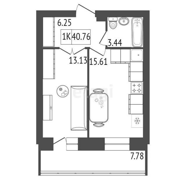Продаётся 1-комнатная квартира, 40.76 м²