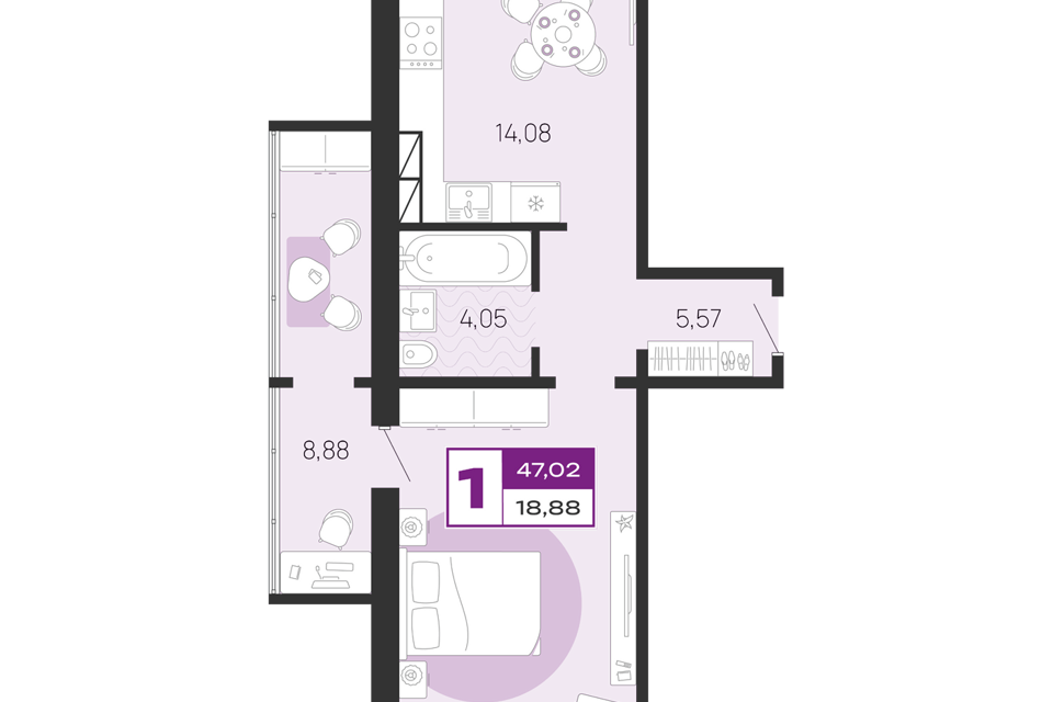 Продаётся 1-комнатная квартира, 47.02 м²