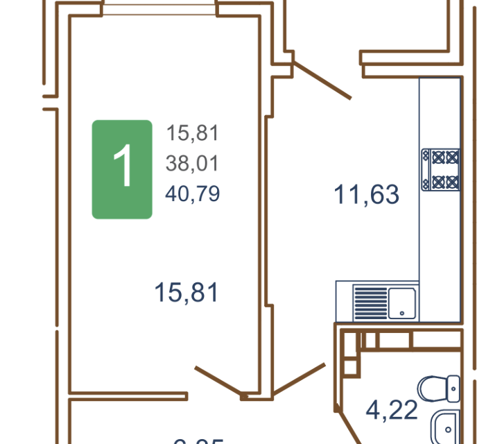Продаётся 1-комнатная квартира, 43.35 м²