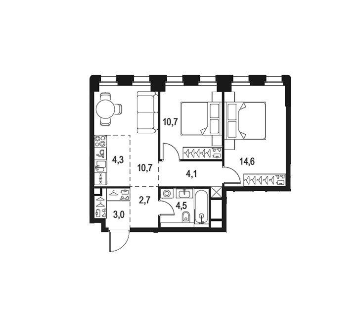 Продаётся 2-комнатная квартира, 54.6 м²