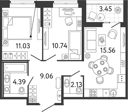 Продаётся 2-комнатная квартира, 54.64 м²