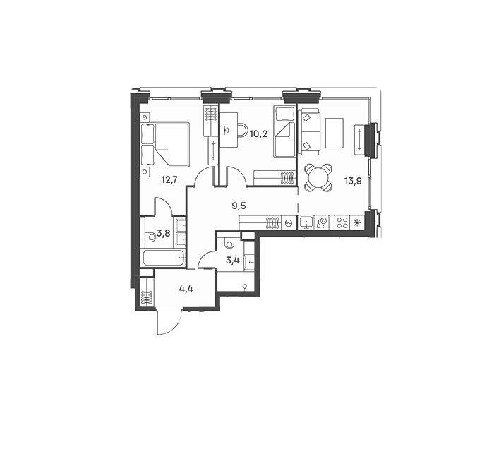 Продаётся 2-комнатная квартира, 57.1 м²