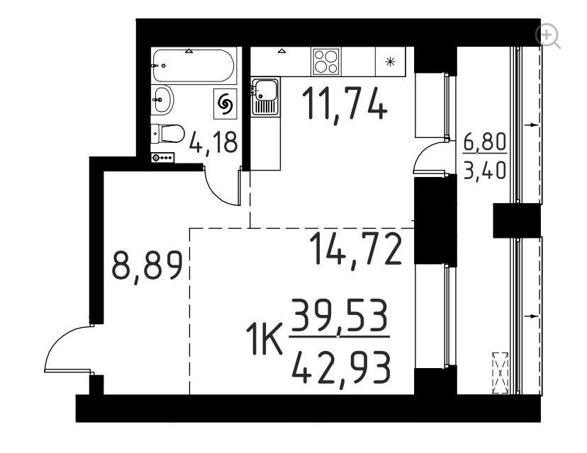 Продаётся 2-комнатная квартира, 42.93 м²