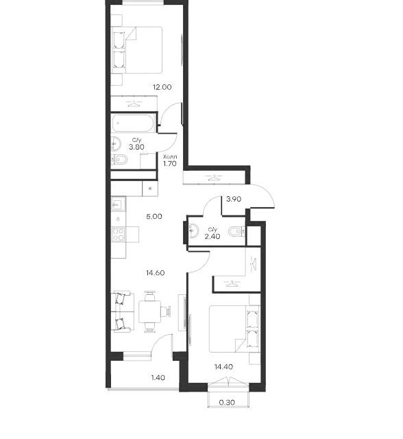 Продаётся 2-комнатная квартира, 59.5 м²