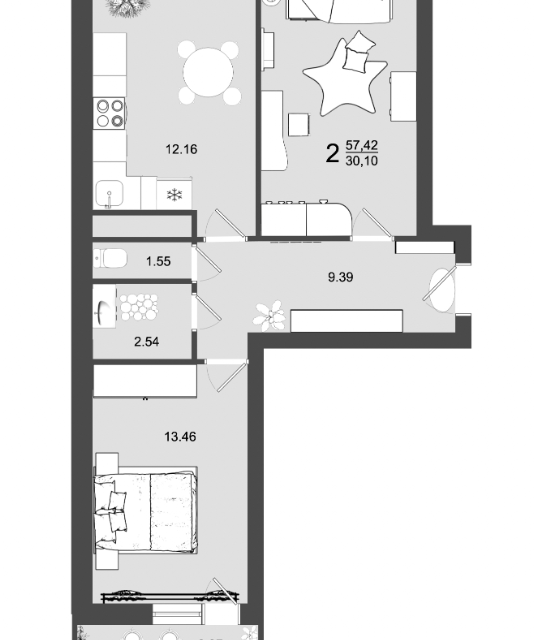 Продаётся 2-комнатная квартира, 57.42 м²