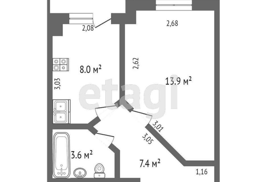 Продаётся 1-комнатная квартира, 33.9 м²