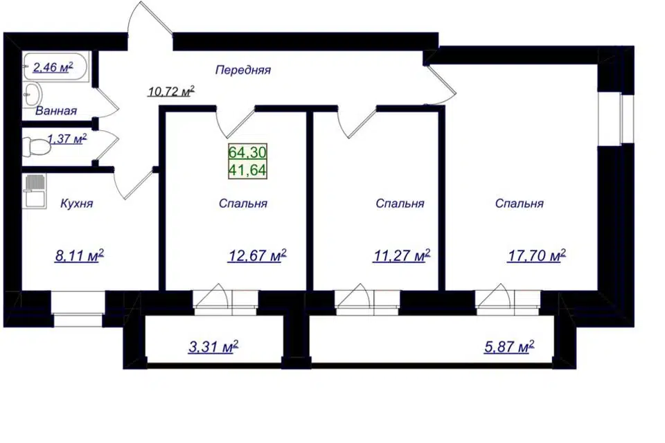 Продаётся 3-комнатная квартира, 64.6 м²