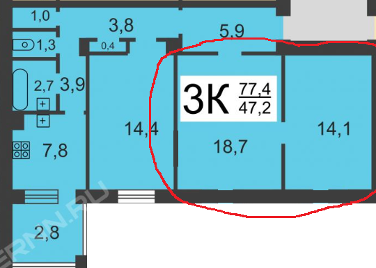 Продаётся 2 комнаты в 3-комн. квартире, 32.7 м²