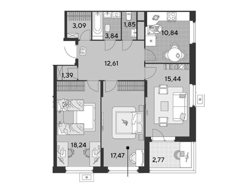 Продаётся 3-комнатная квартира, 87.54 м²