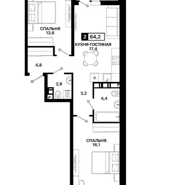 Продаётся 2-комнатная квартира, 64 м²