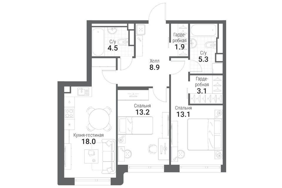 Продаётся 2-комнатная квартира, 68.1 м²