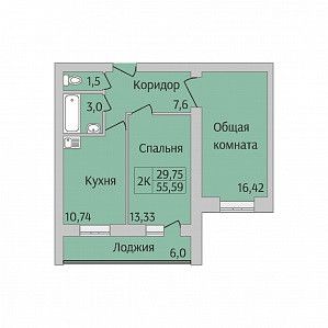 Продаётся 2-комнатная квартира, 55.59 м²