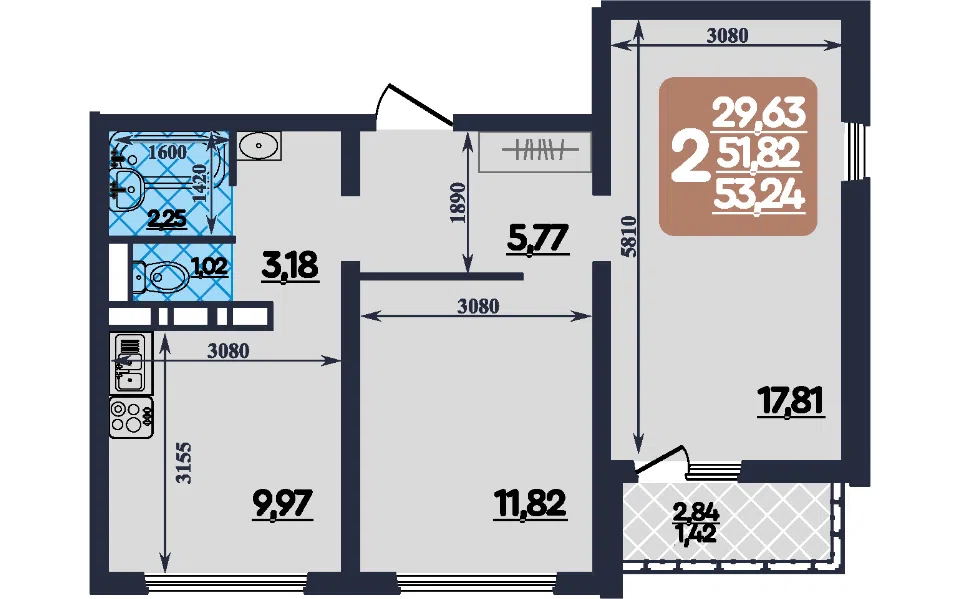Продаётся 2-комнатная квартира, 53 м²