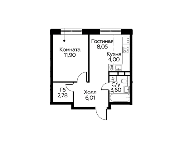 Продаётся 1-комнатная квартира, 36.34 м²