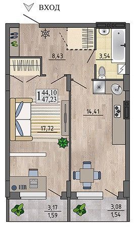 Продаётся 1-комнатная квартира, 47.2 м²