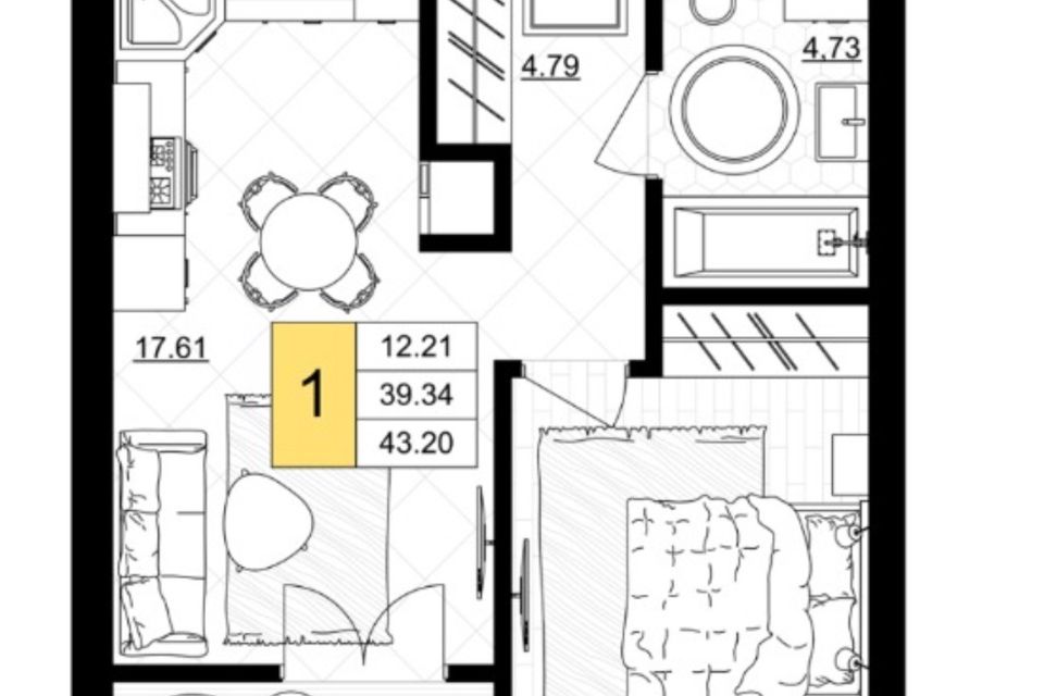 Продаётся 1-комнатная квартира, 39.34 м²