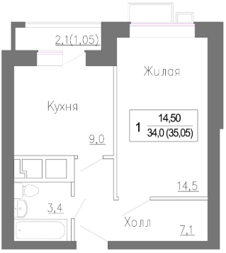 Продаётся 1-комнатная квартира, 34 м²