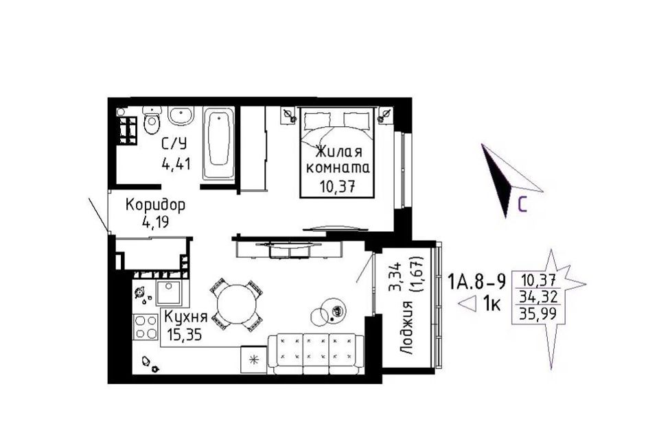 Продаётся 1-комнатная квартира, 36 м²