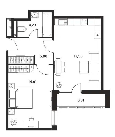 Продаётся 2-комнатная квартира, 42.1 м²