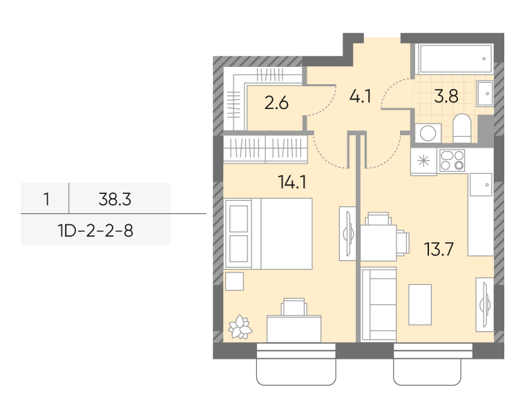 Продаётся 1-комнатная квартира, 38.3 м²