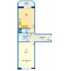 Продаётся 1-комнатная квартира, 47.3 м²