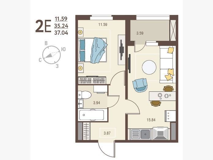Продаётся 1-комнатная квартира, 37.04 м²