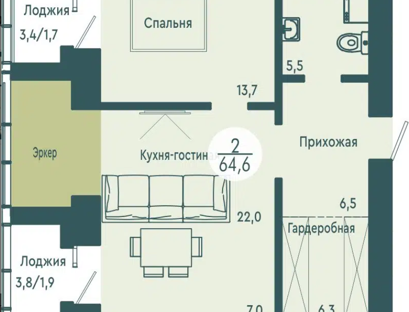 Продаётся 1-комнатная квартира, 64.6 м²