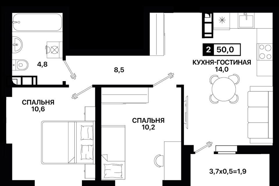 Продаётся 2-комнатная квартира, 50 м²