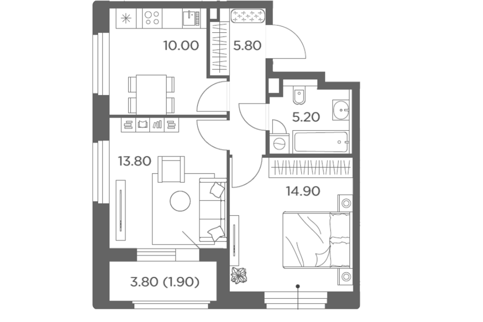 Продаётся 2-комнатная квартира, 51.6 м²