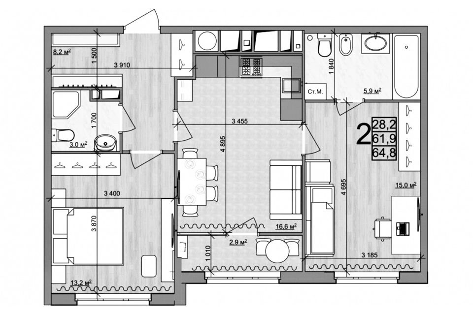 Продаётся 2-комнатная квартира, 65 м²