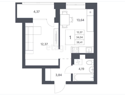 Продаётся 1-комнатная квартира, 38.41 м²